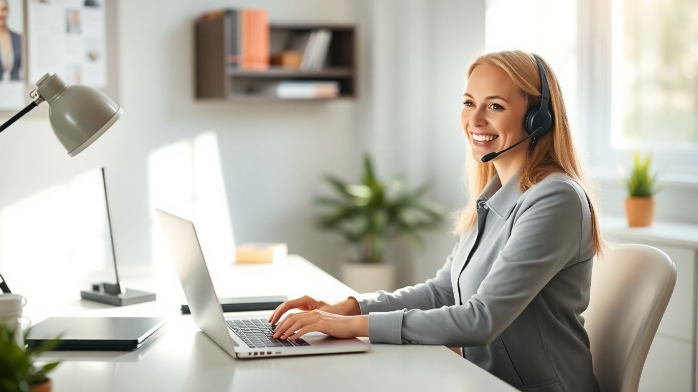 Professional woman working at a home office desk with a laptop.