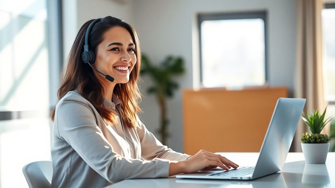 Professional woman wearing headset at desk with laptop.