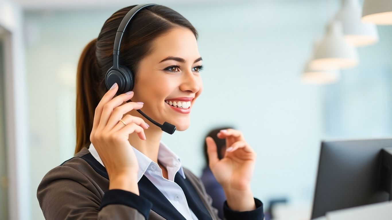 Professional receptionist answering a phone call with a headset.