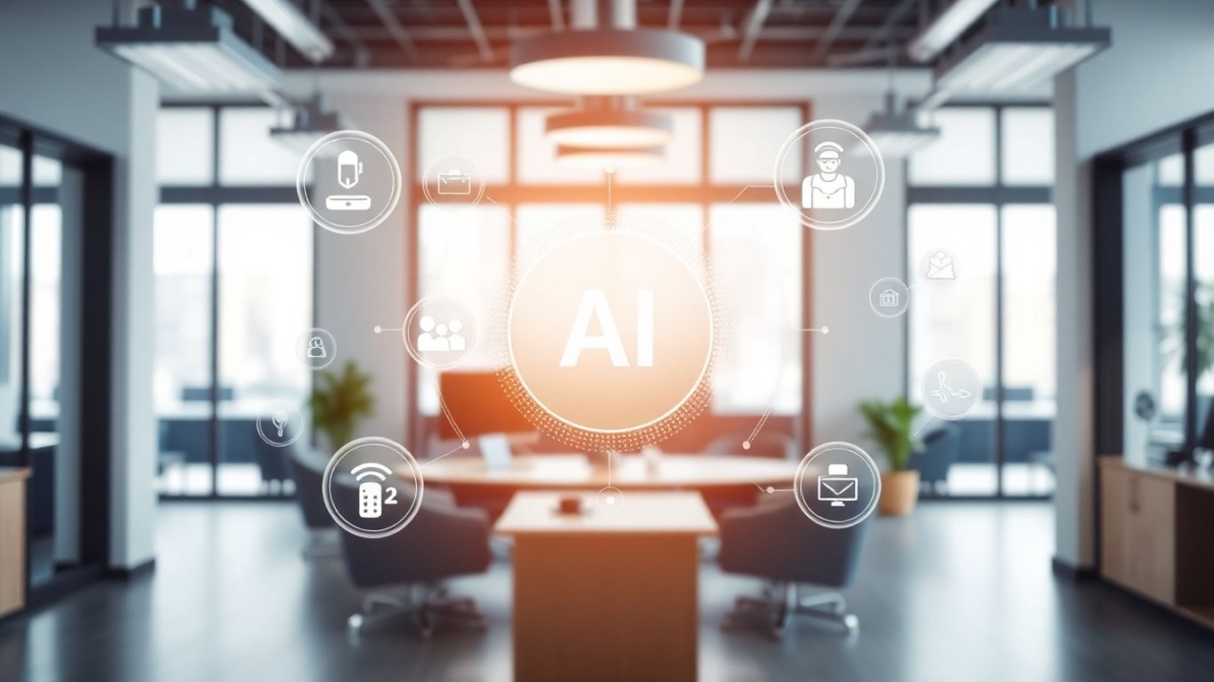 AI receptionist interface in a modern office.