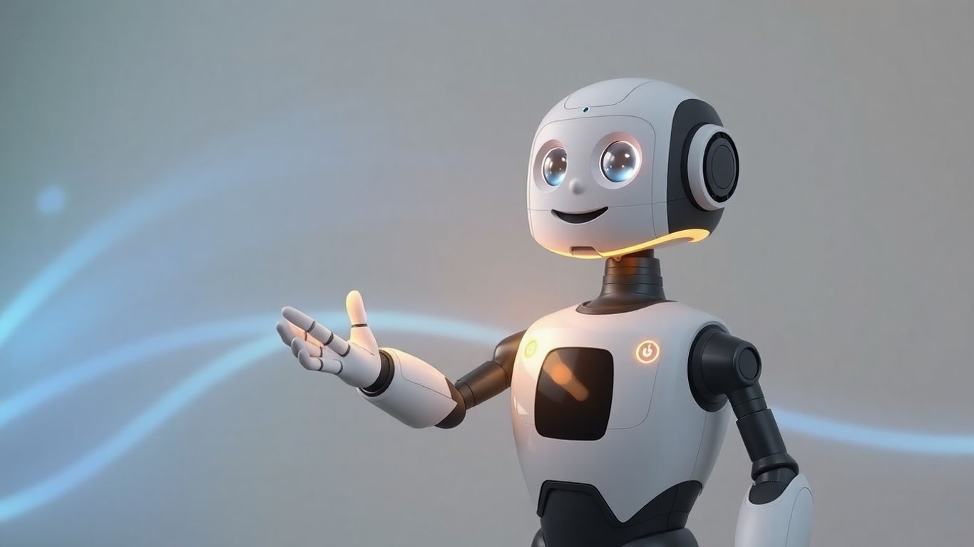 Robot offering assistance with glowing blue and green background.