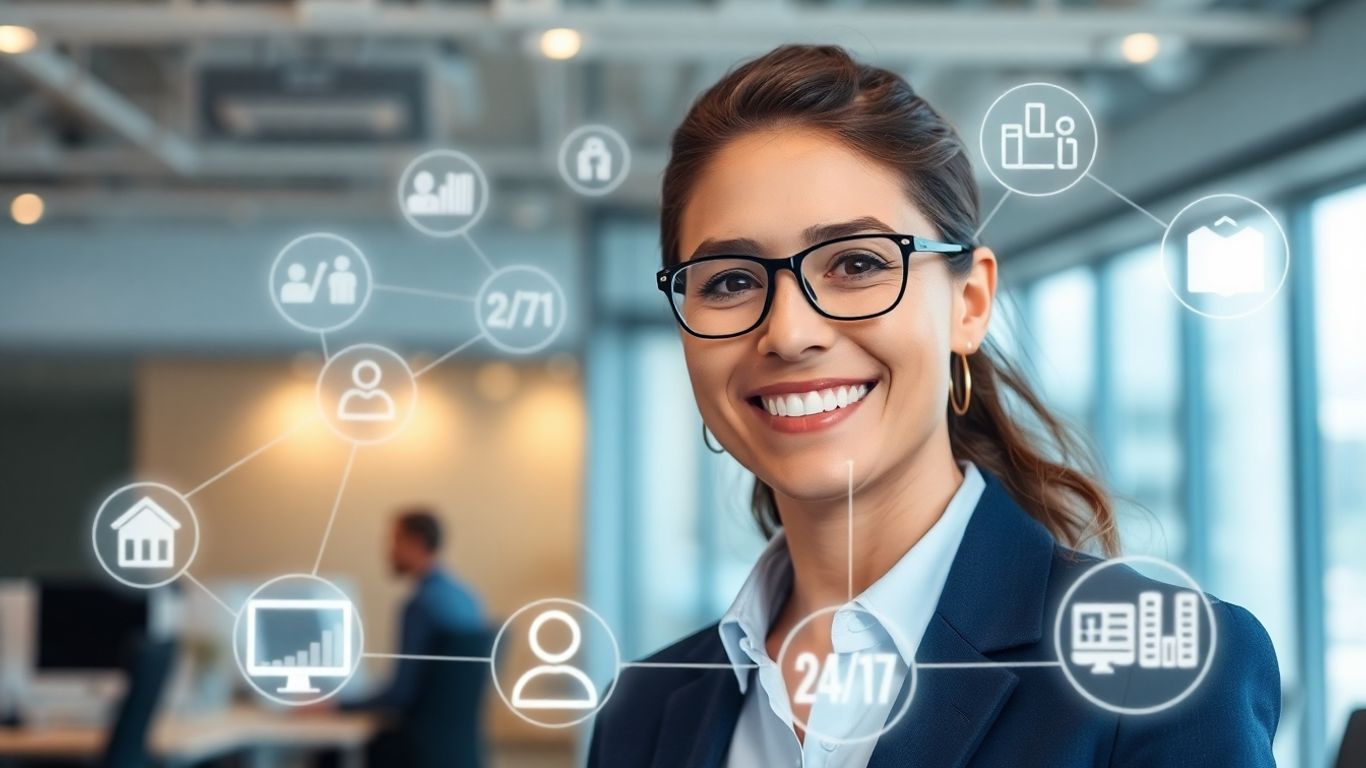 Person connected to business icons