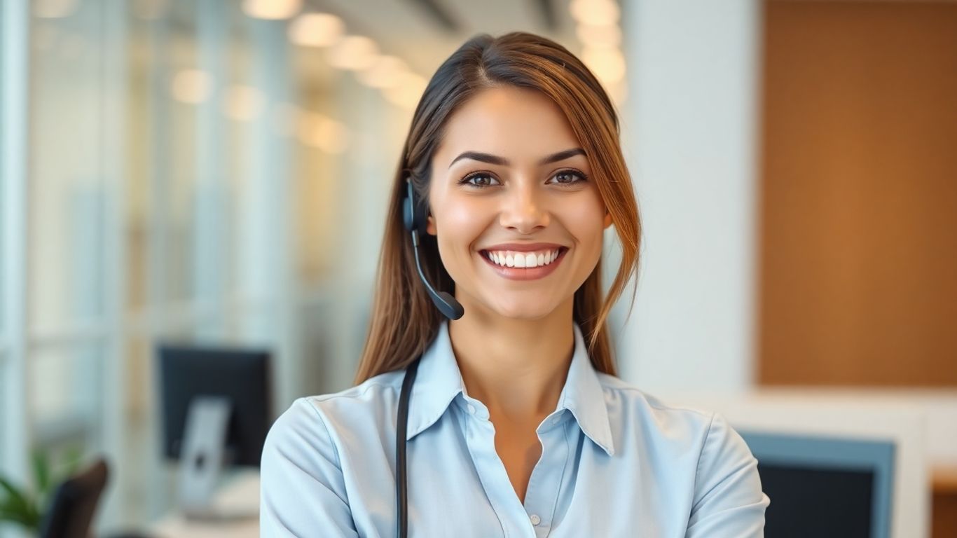 Friendly receptionist smiling, ready to assist.