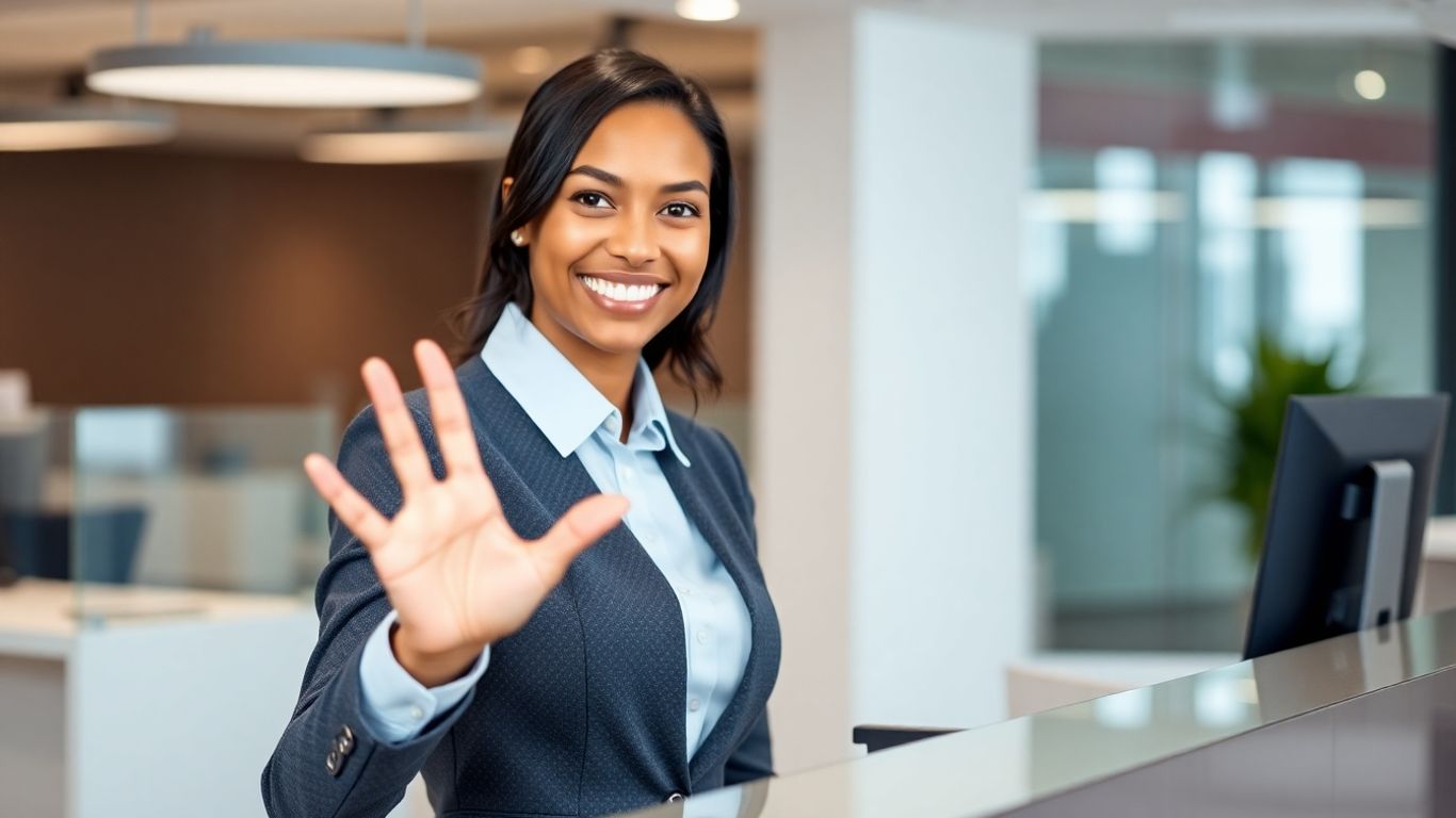 Smiling virtual receptionist at a modern desk.