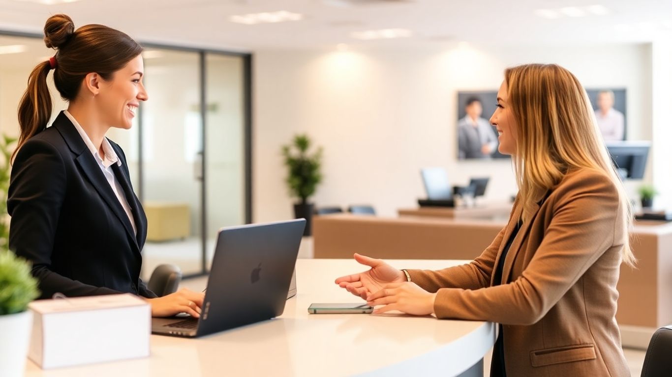 Receptionist assisting a client in an office.