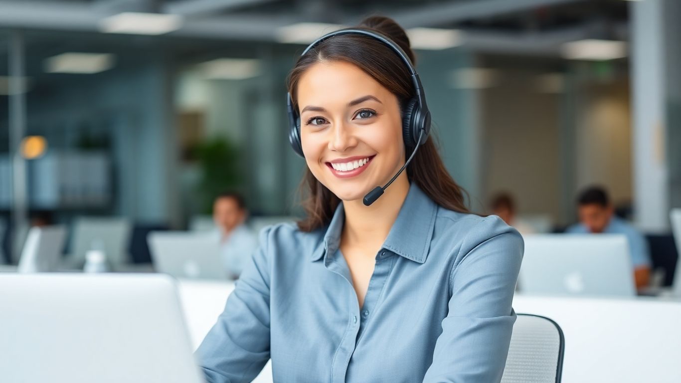 Professional woman with headset smiling at desk