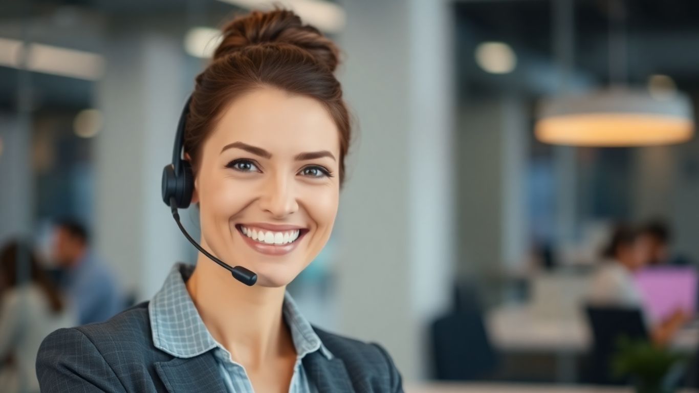 Virtual receptionist wearing headset, smiling in a modern office.