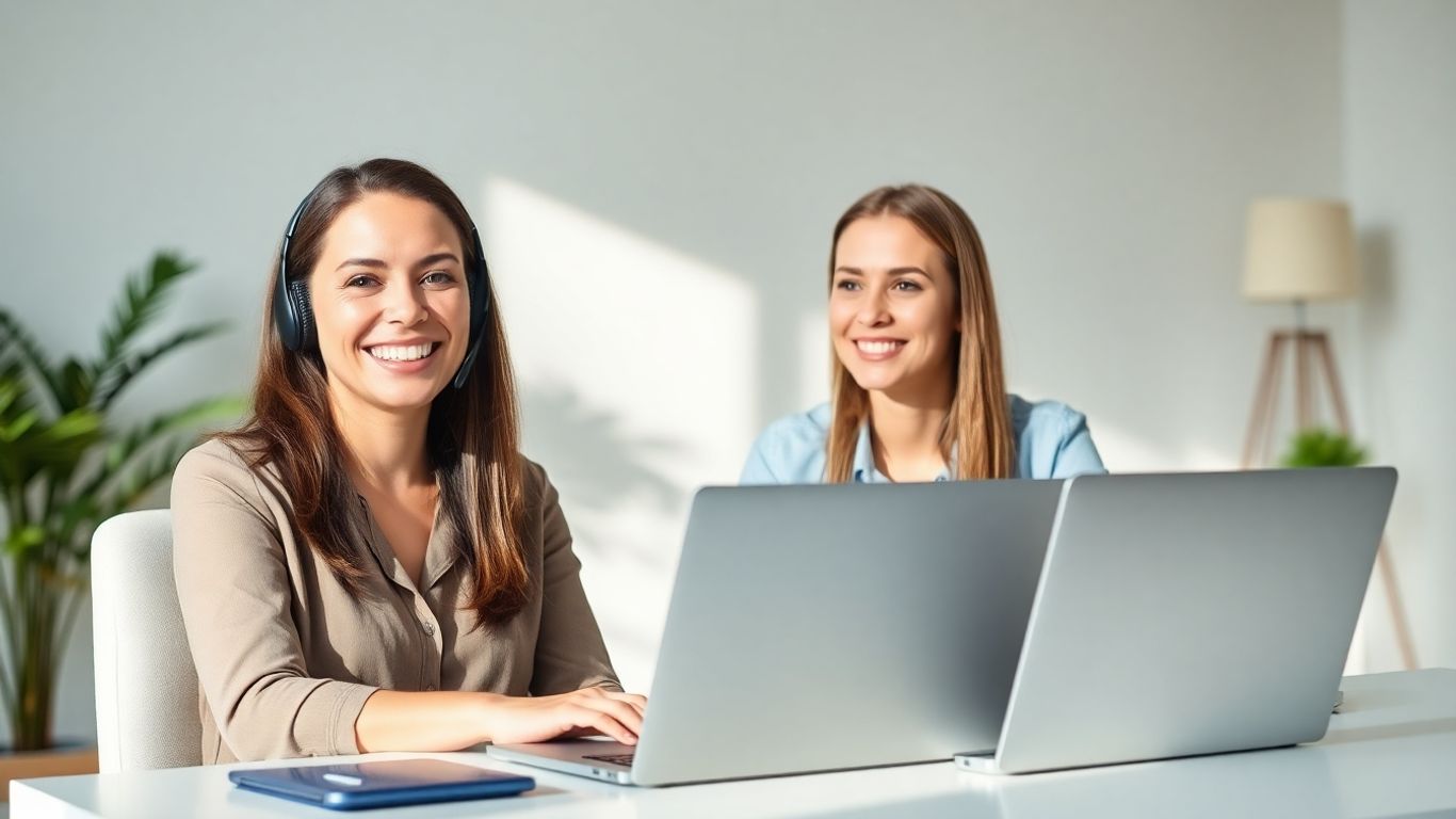 Professional woman with headset working at a desk.