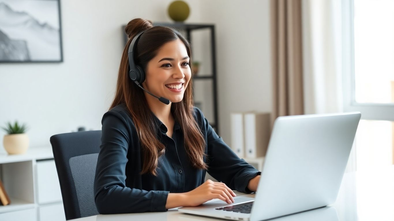 Professional woman wearing headset, working at desk.