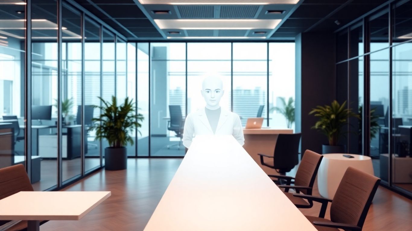 AI receptionist avatar in a modern office