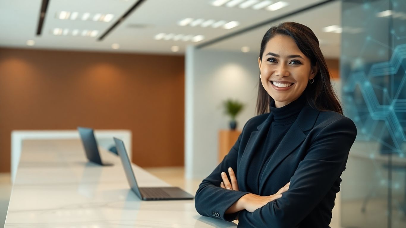 Receptionist interacting with technology