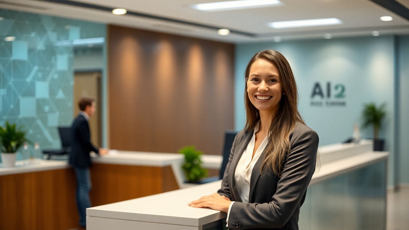 AI receptionist smiling in a modern office