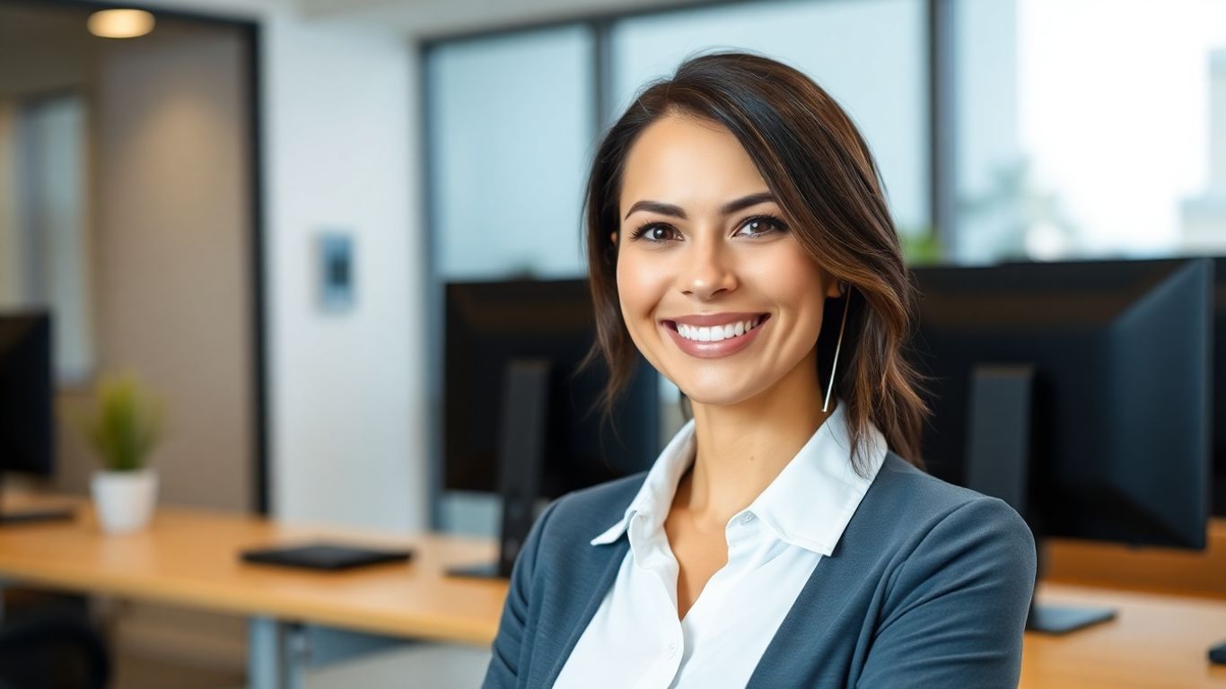 Virtual receptionist smiling in a modern office.