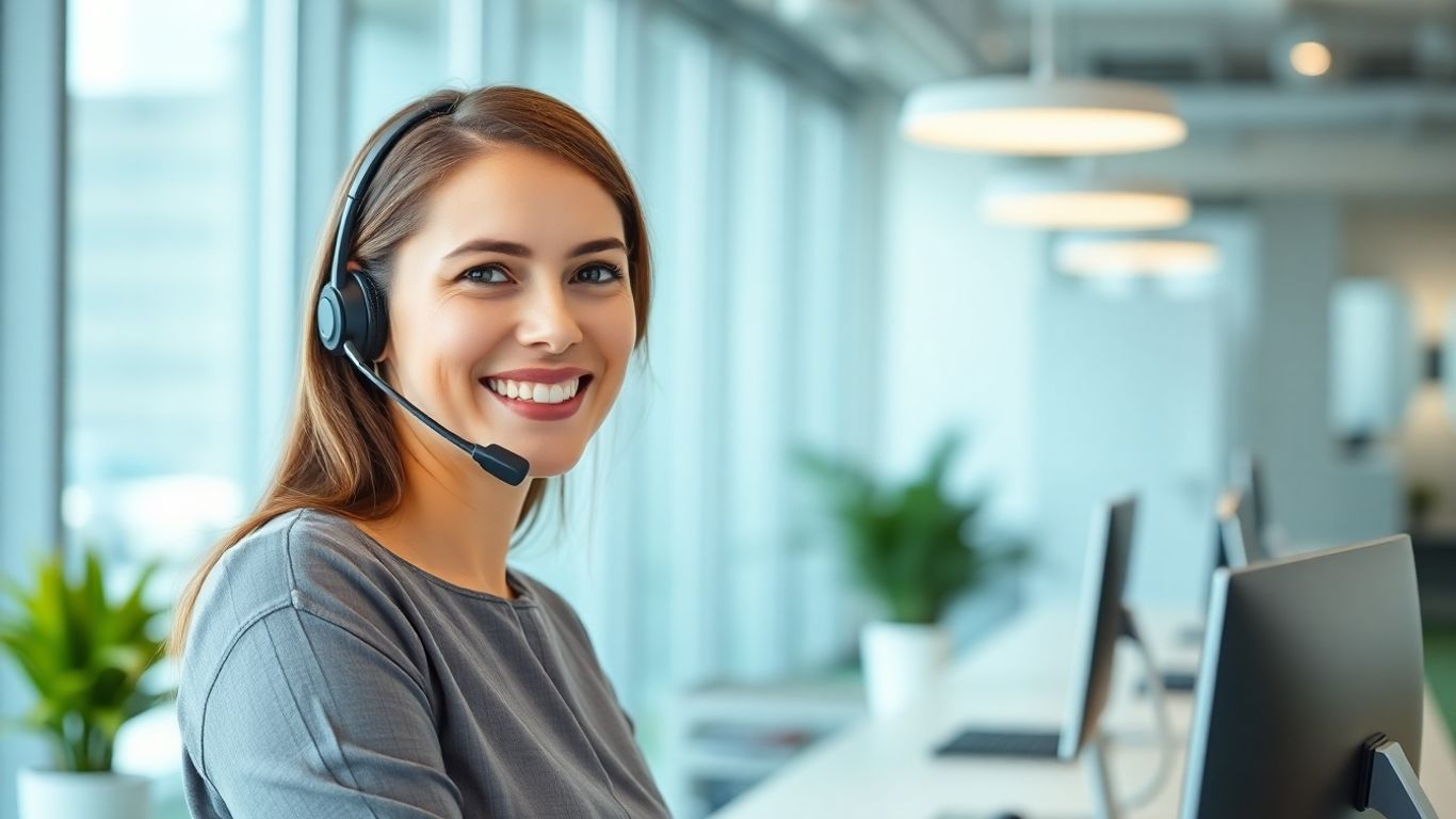 Professional receptionist wearing a headset in an office.