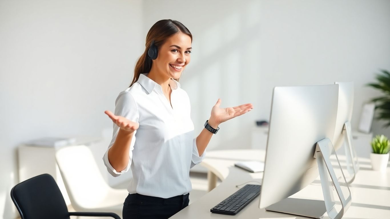Professional woman working at a desk with a headset.