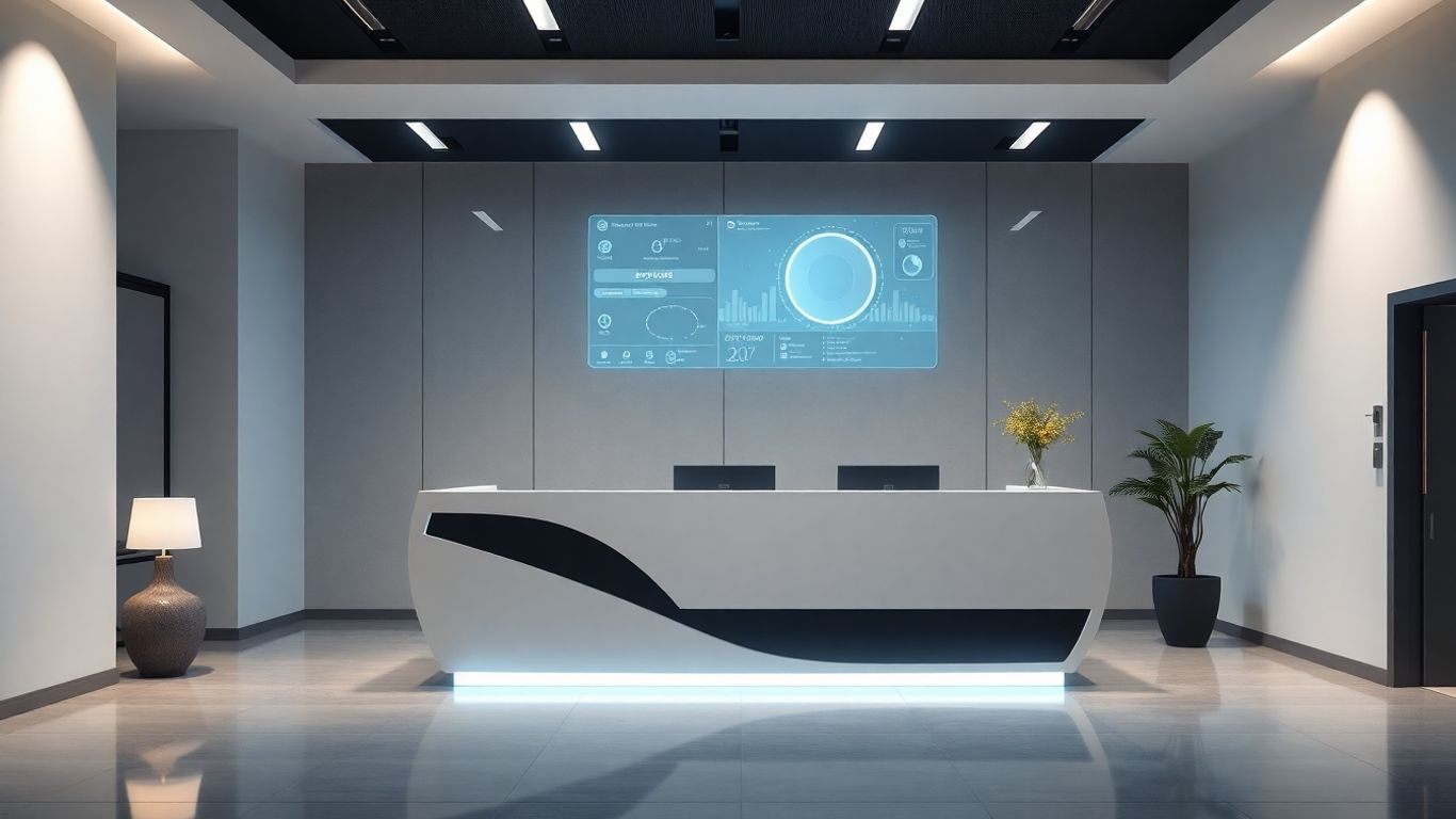 Modern office reception with futuristic AI interface.