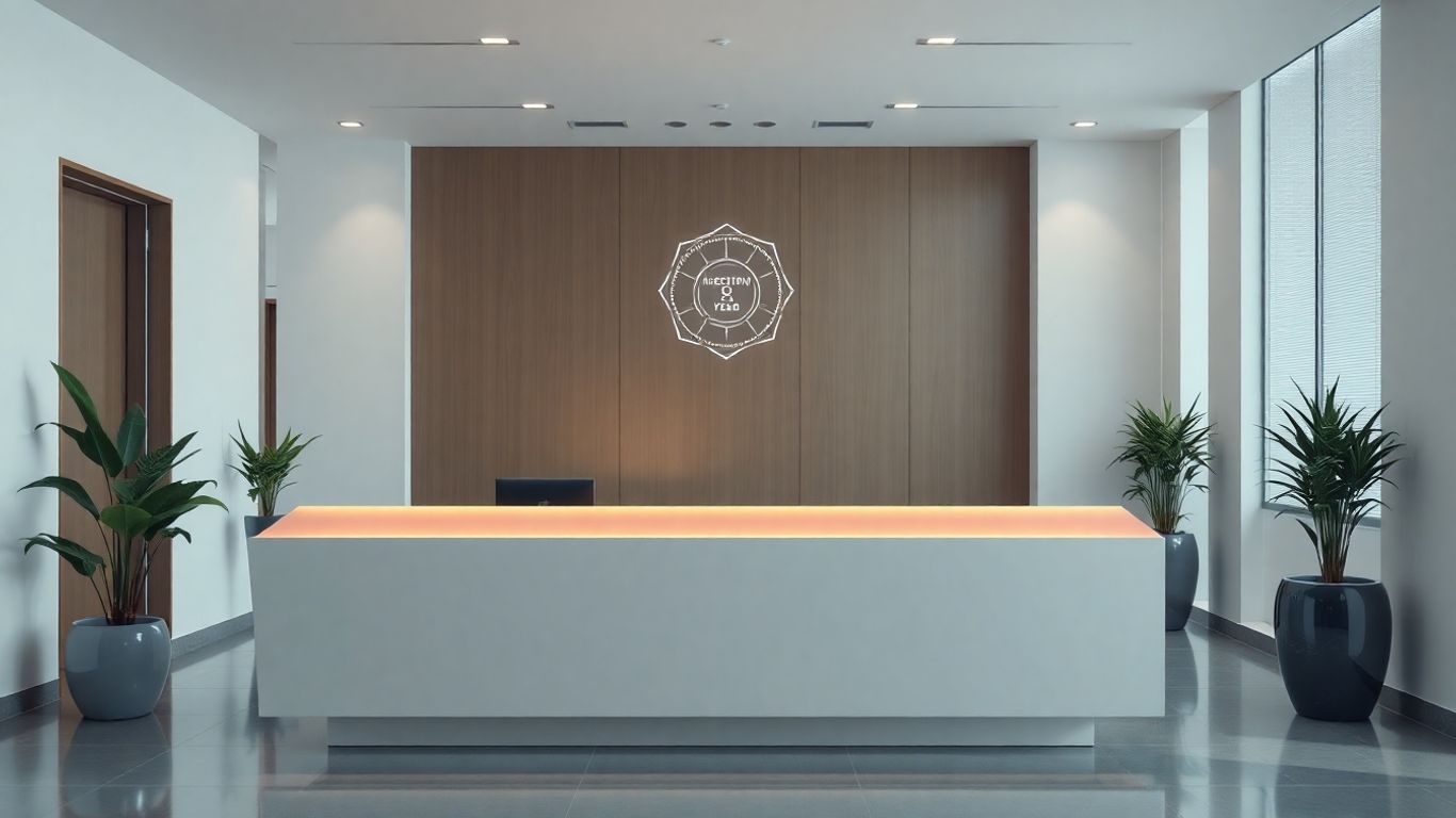 Futuristic reception desk with glowing holographic interface.