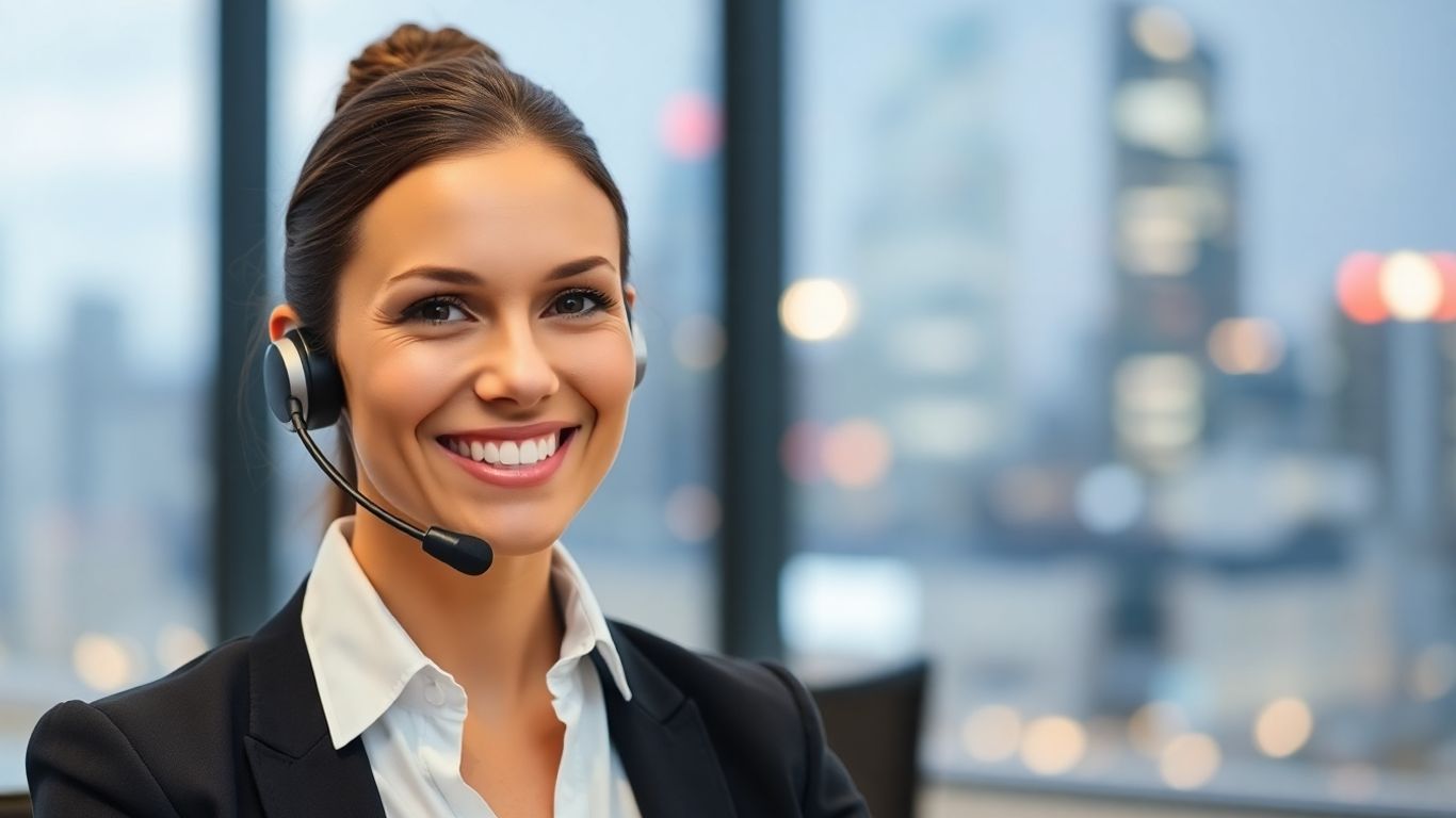 Professional woman with headset, New Zealand office background.