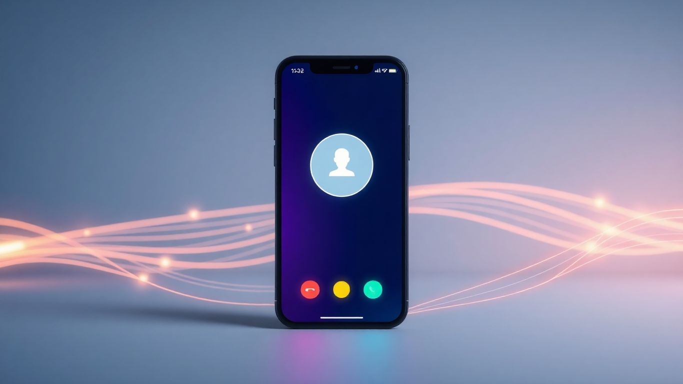 AI receptionist app on a smartphone with glowing digital patterns.