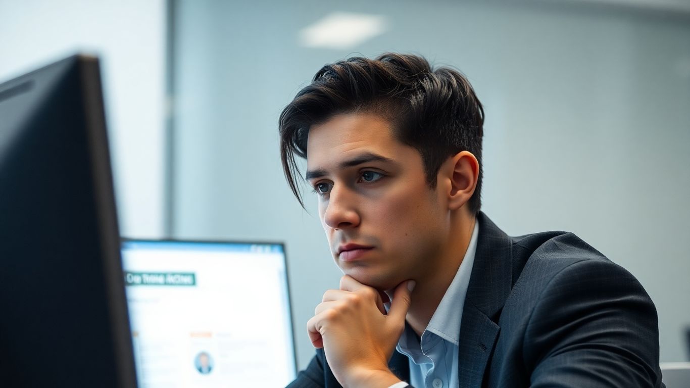 Person thoughtfully examining a computer screen in a professional setting.