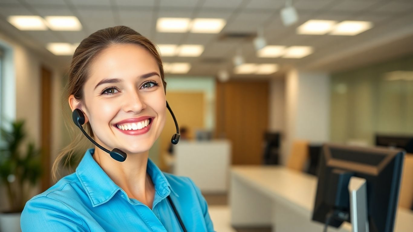 Smiling receptionist ready to assist.