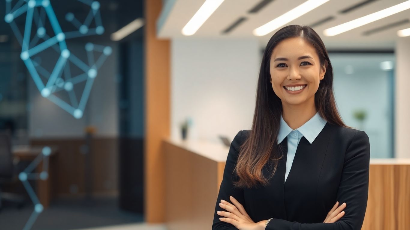 Receptionist smiling in a modern office with digital patterns.