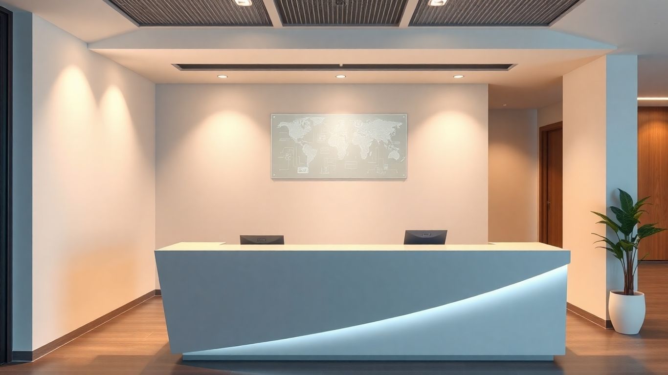 AI receptionist interface above office desk