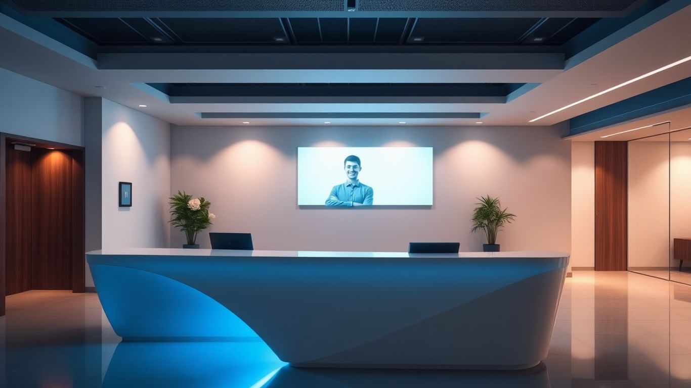 AI receptionist interface glowing on a modern office desk.