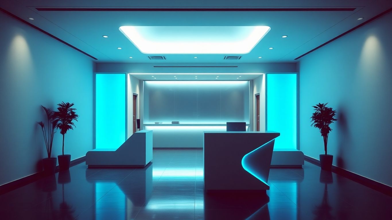 Modern office reception with glowing AI technology