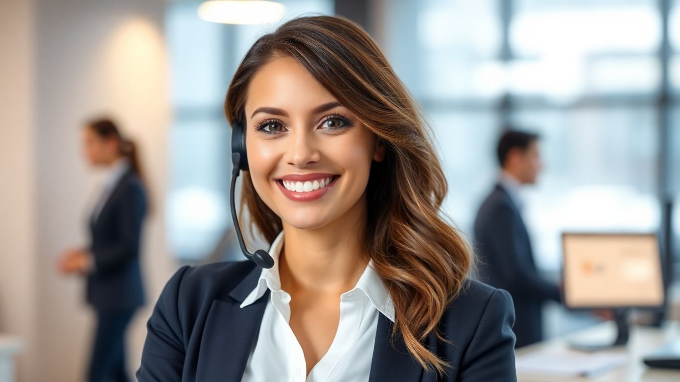 Professional woman with headset in a modern office.