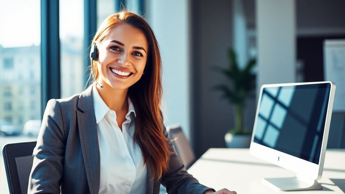 Professional woman wearing headset, smiling in office.
