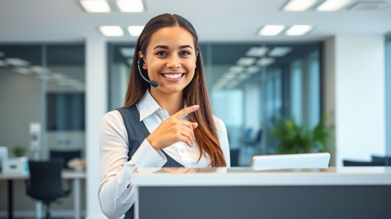 Professional receptionist in a modern office setting.