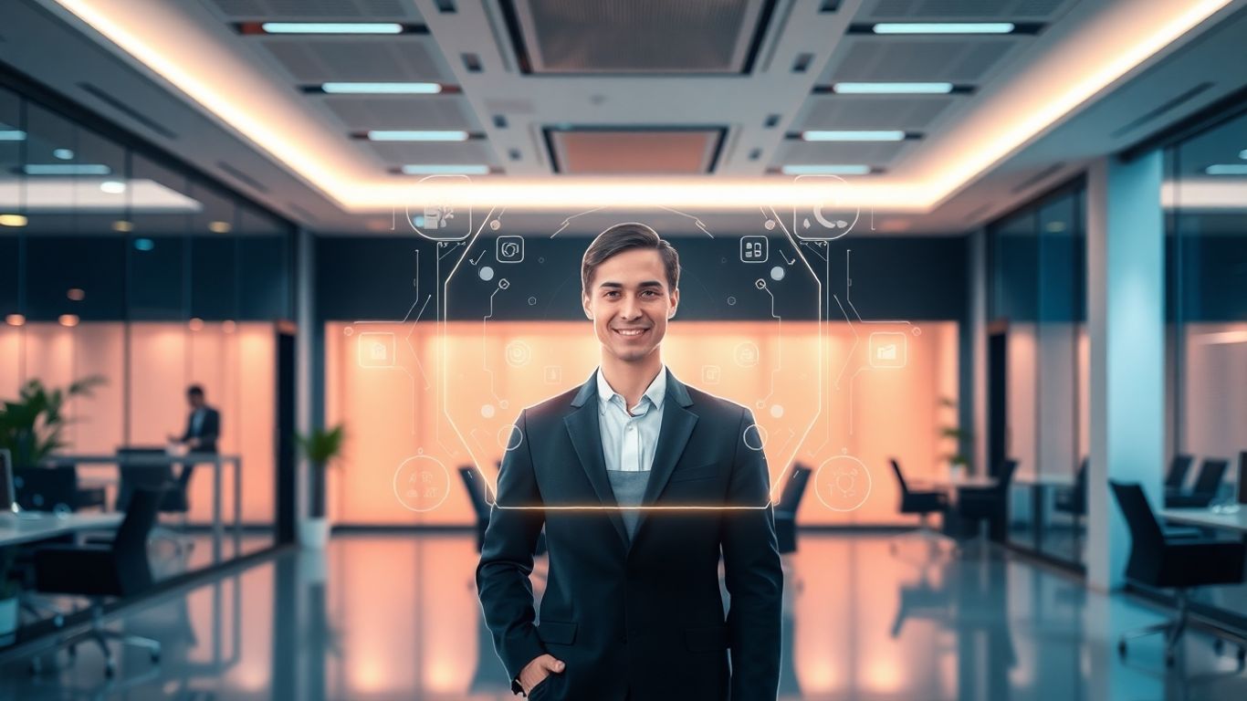 AI receptionist avatar in a modern office