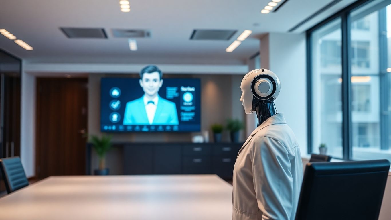 AI receptionist avatar in a modern office