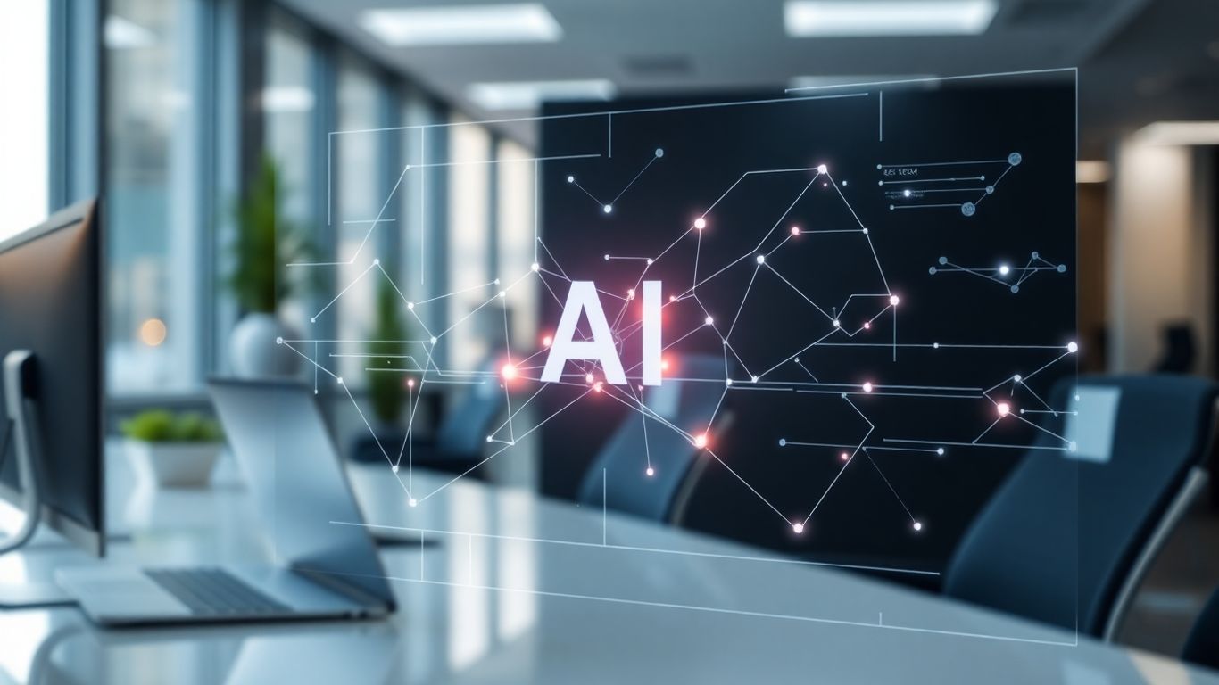 Futuristic AI interface in a modern office.