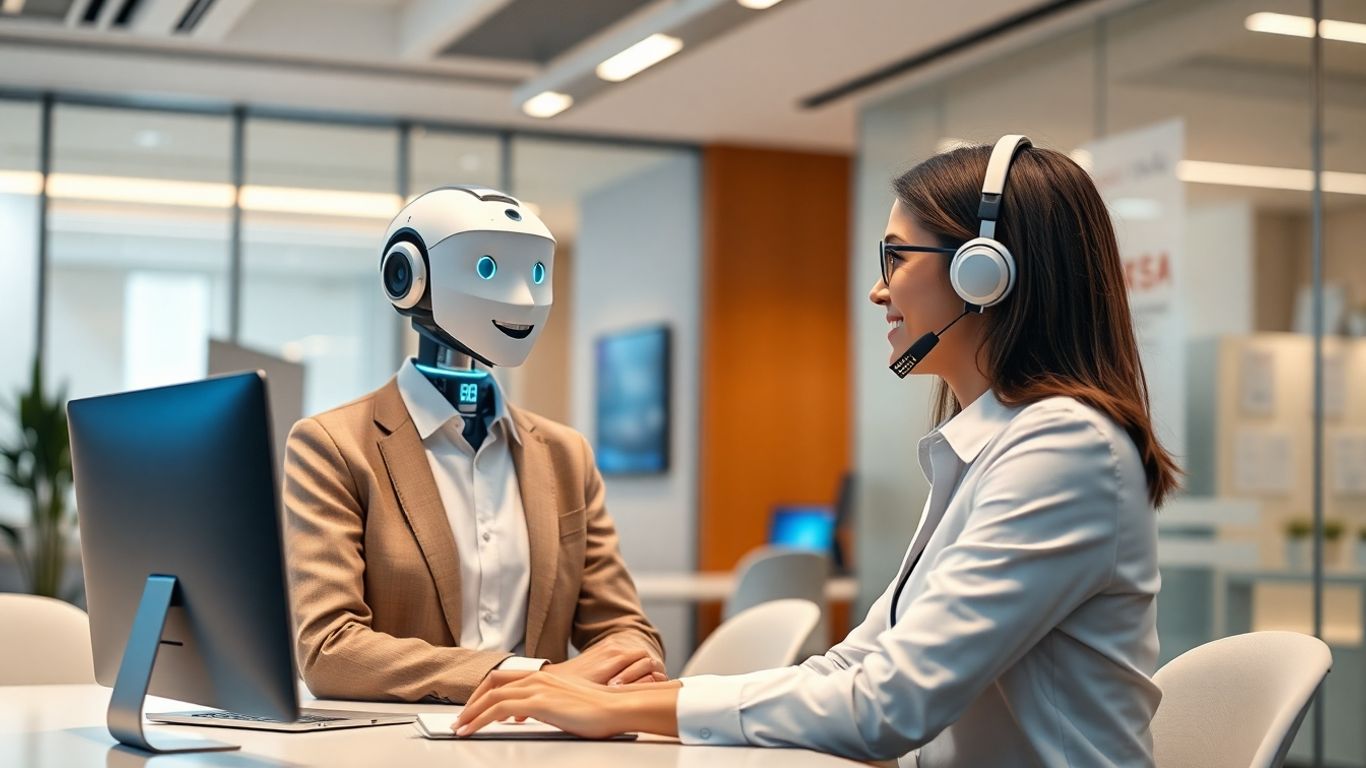 AI receptionist assisting a client in a modern office.