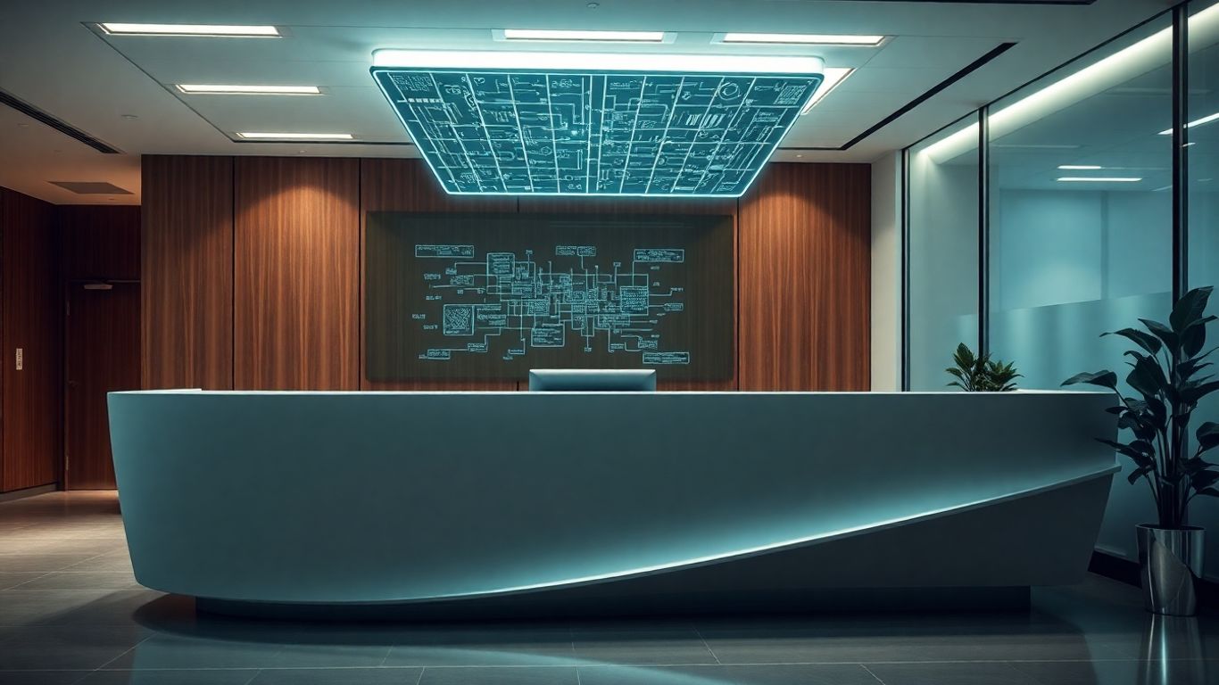 AI virtual receptionist interface at a modern office desk.