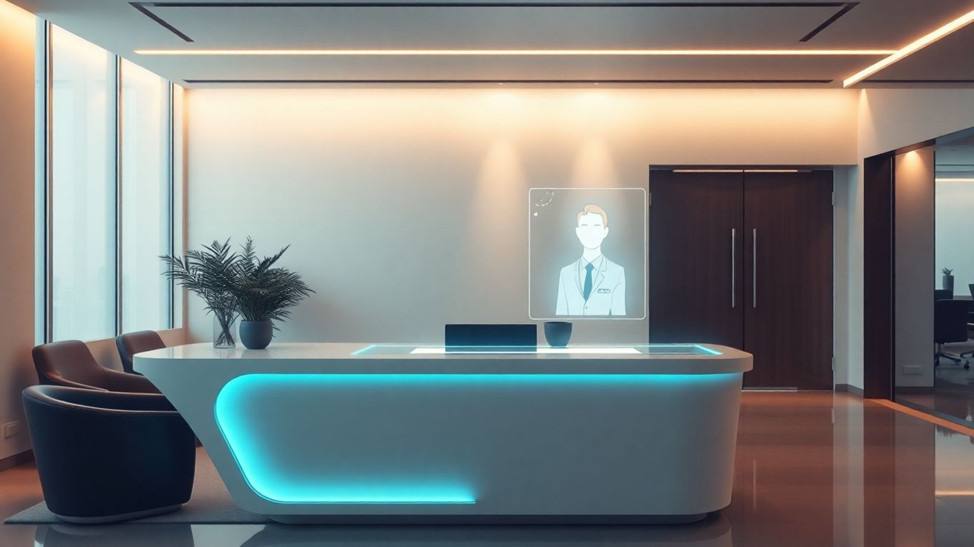 AI virtual receptionist avatar assisting at a futuristic desk.