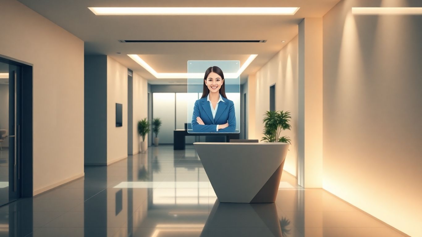 Virtual assistant avatar assisting in a modern office reception area.