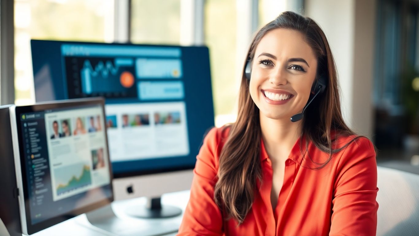 Professional woman wearing headset, smiling, working at desk.