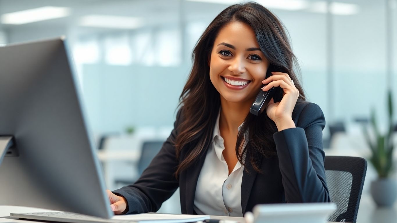 Professional woman answering a business call at a desk.