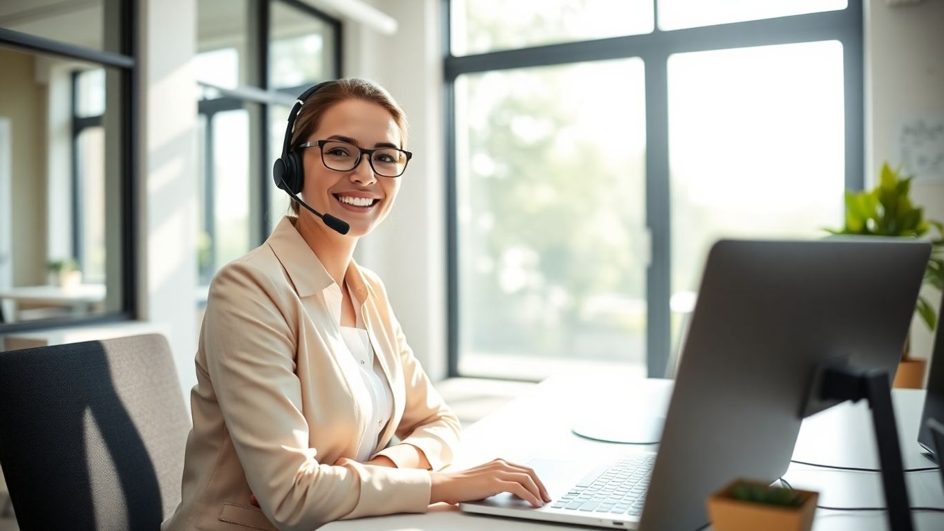 Professional woman wearing headset, working in a bright office.