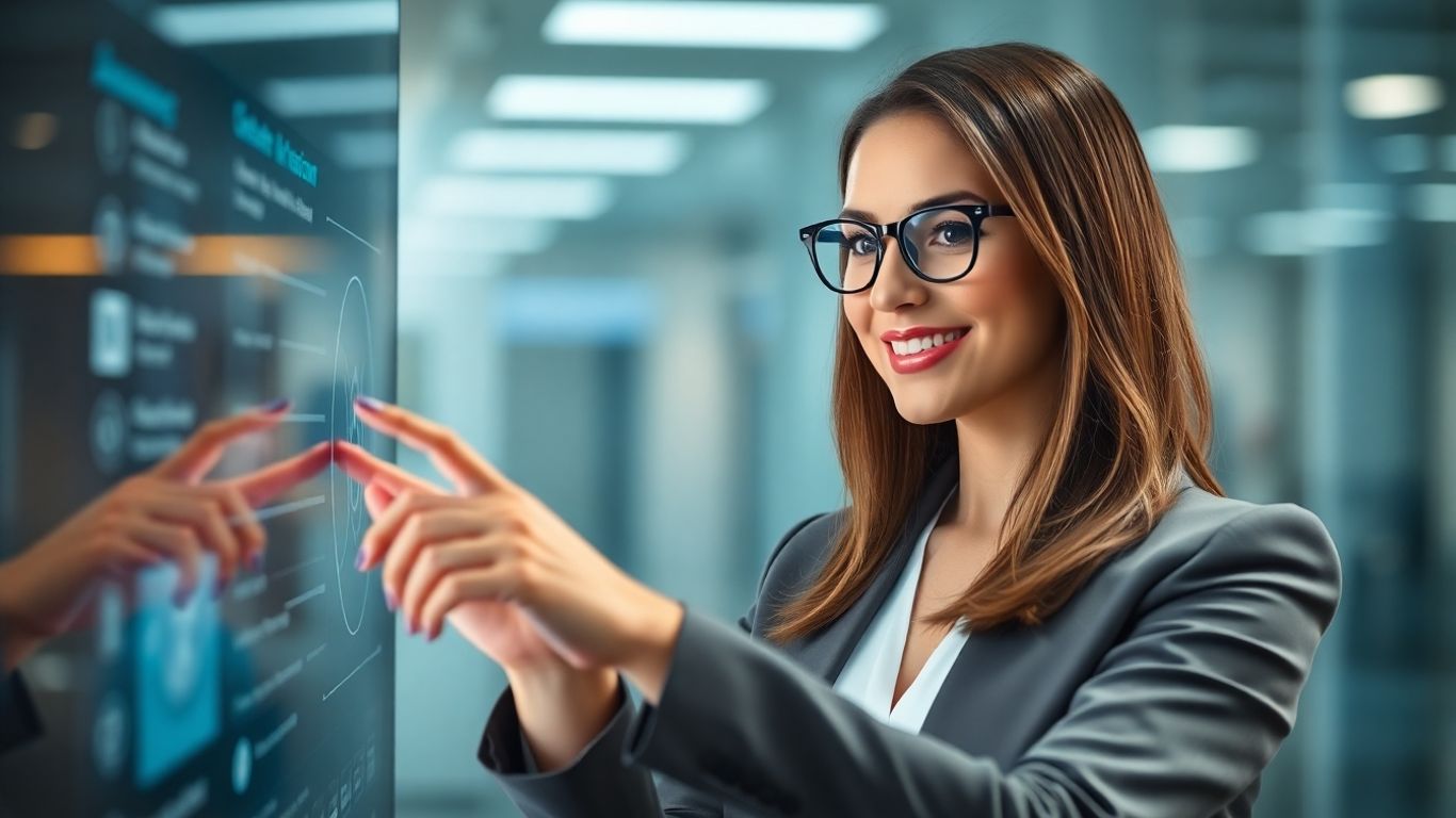 AI virtual receptionist interacting with futuristic interface
