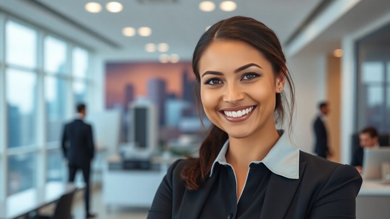 Smiling receptionist in a modern office with a city view.