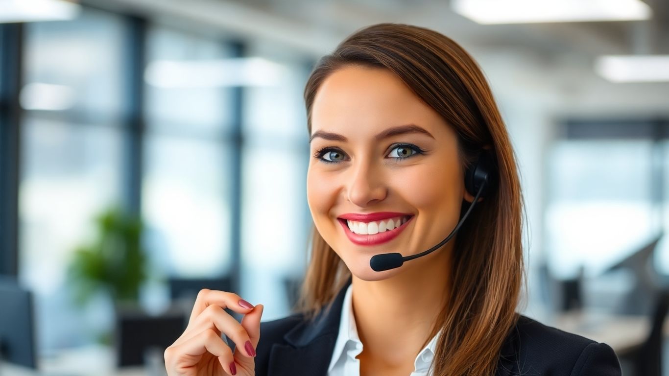 Professional woman with headset in a modern office.