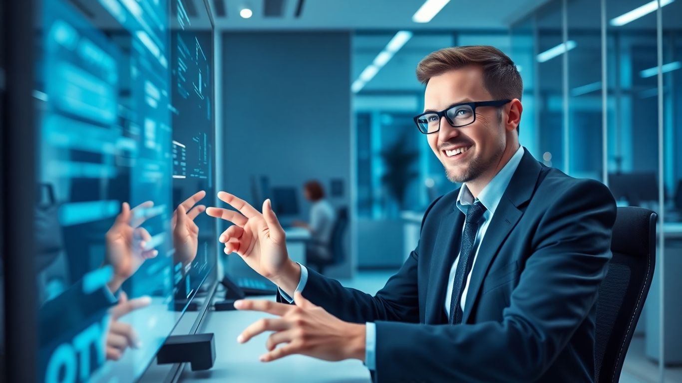 AI virtual receptionist assisting a client with a smile.