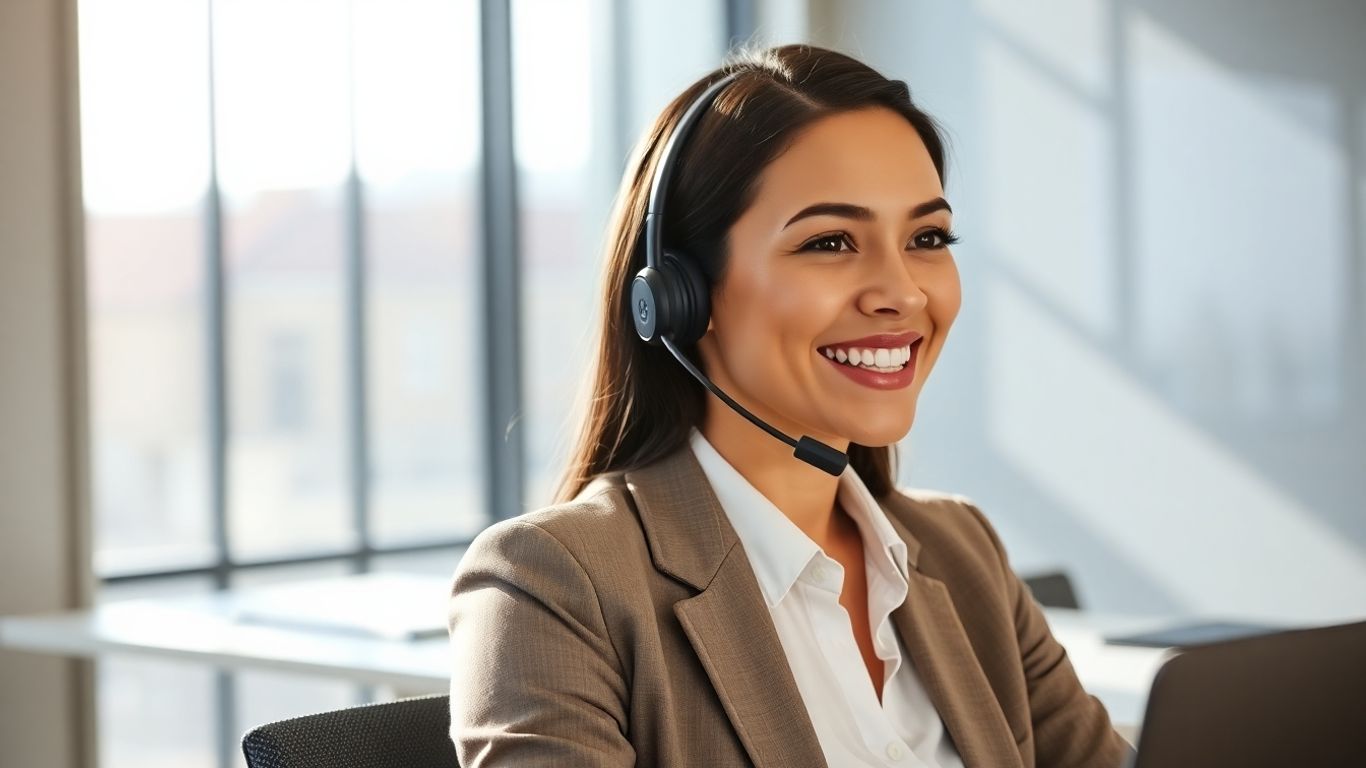 Professional woman with headset in a bright office.