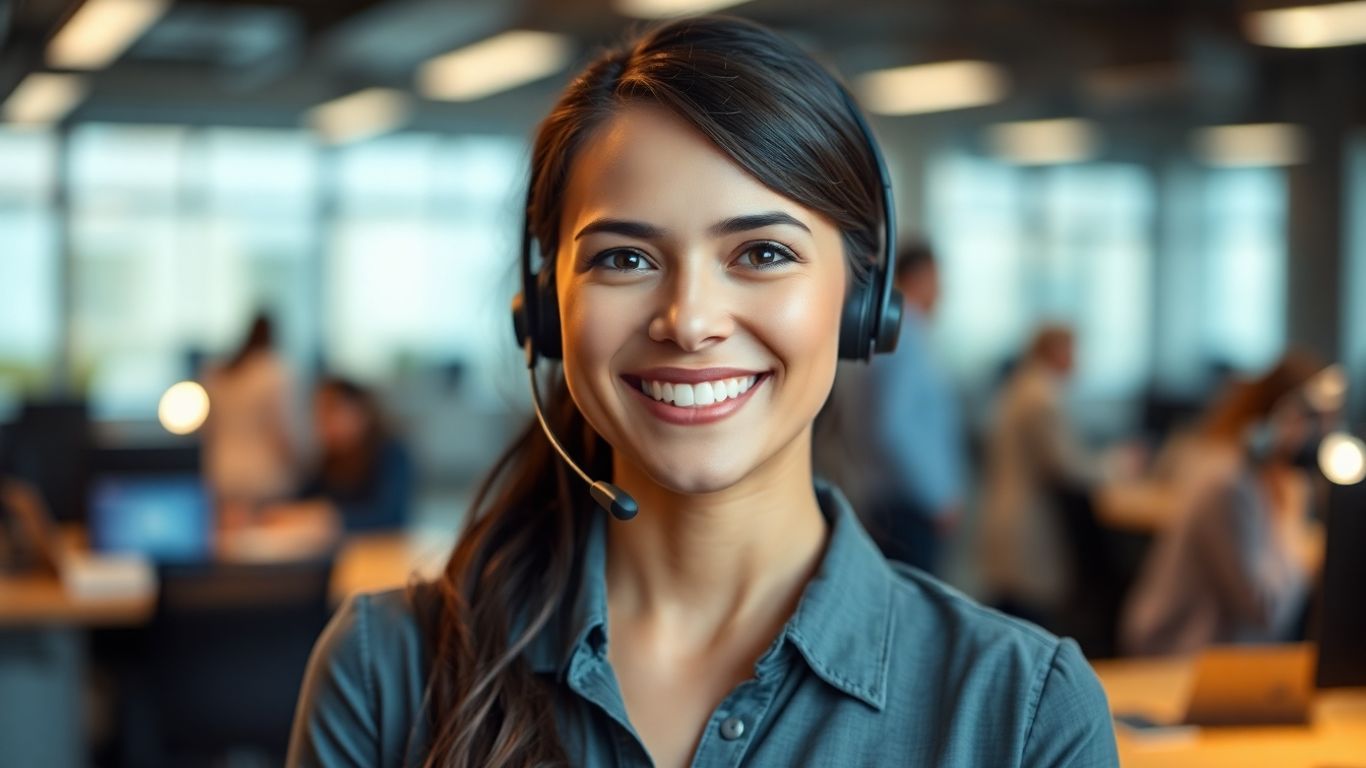 Professional woman with headset, friendly and accessible.