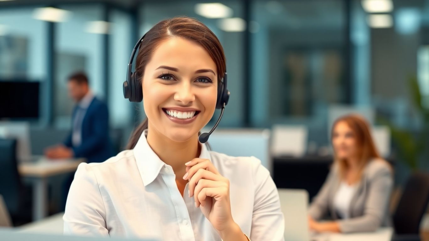 Professional woman with headset, office background, efficient communication.