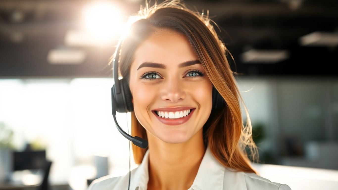 Professional woman with headset, productive office environment.